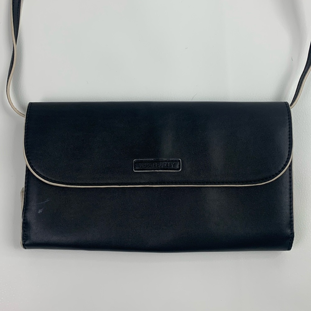 Vera Bradley Black Faux Leather handbag clutch wallet with strap Lined Zip close